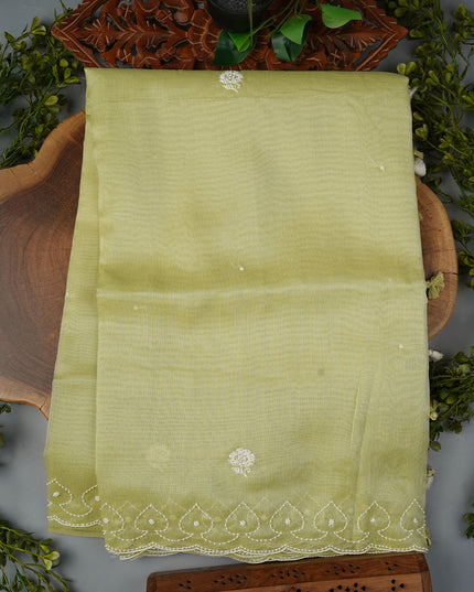 Tissue Linen Saree and Scallop Border and Peral Work - Pista Green