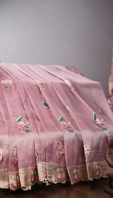 Tissue Soft Organza Silk with Zari & Thread Embroidery, Pichwai design