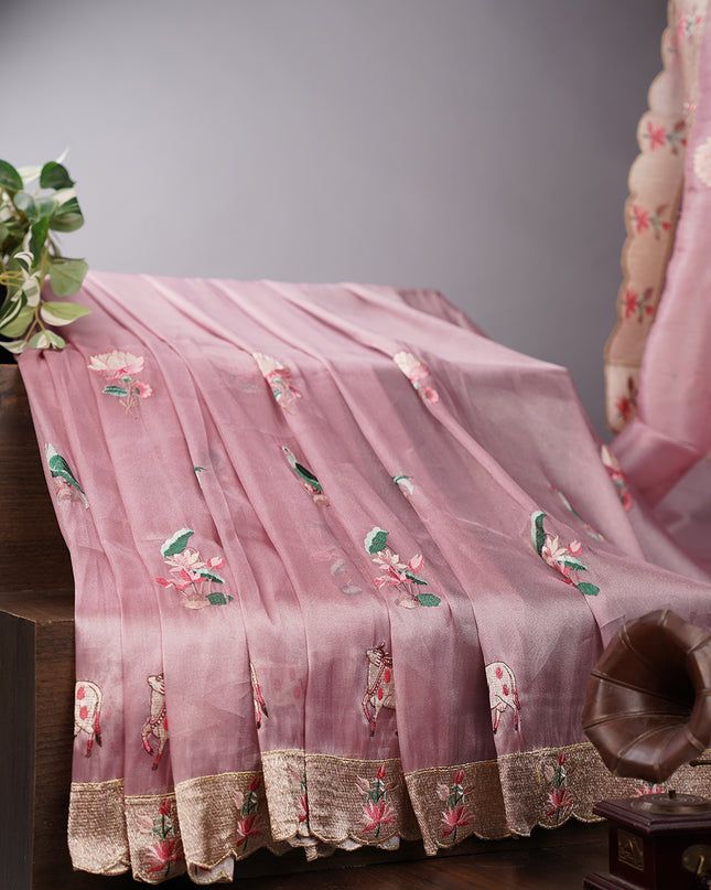 Tissue Soft Organza Silk with Zari & Thread Embroidery, Pichwai design