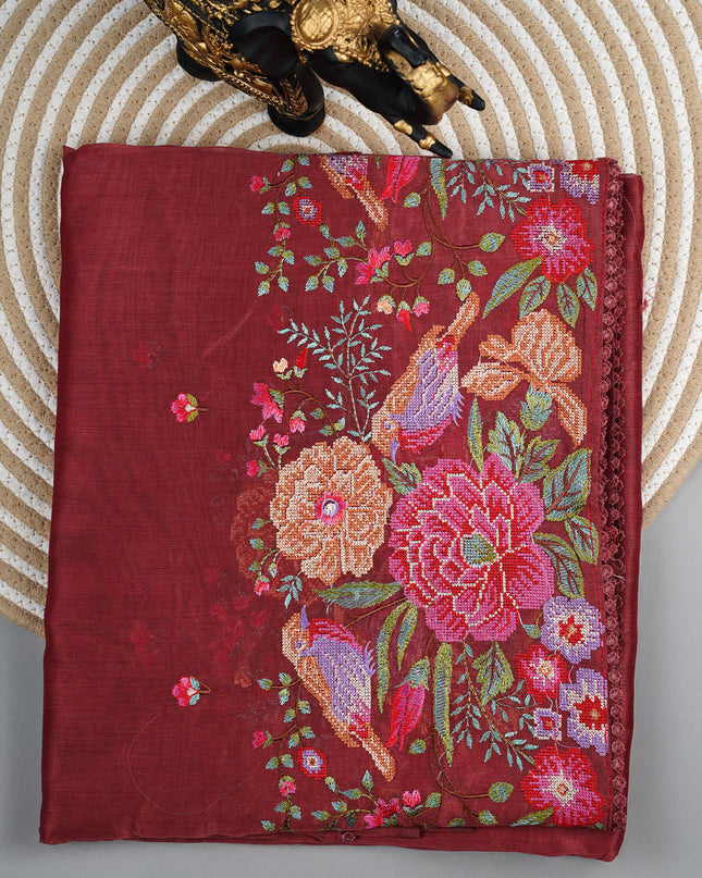 Linen saree with thread work butties and lace border - Maroon