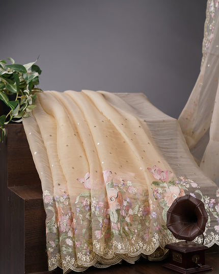 Soft Tissue Organza Silk with Thread Embroidery Scallop Border with Sequence Butties