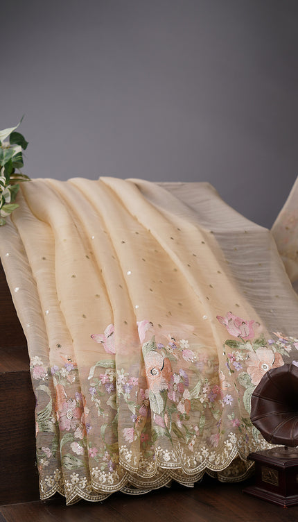 Soft Tissue Organza Silk with Thread Embroidery Scallop Border with Sequence Butties