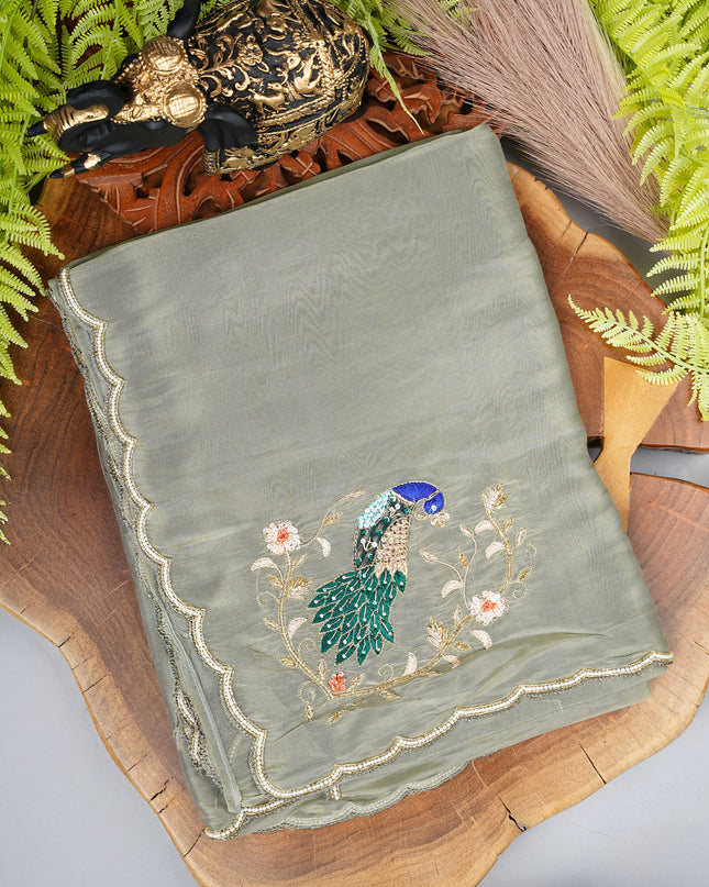 Tissue Crepe saree  with Kardana work and scallop Border- Grey