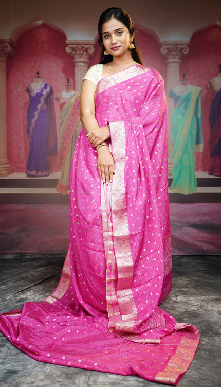 Korean Crepe Saree With Golden Buttis & Border - Pink
