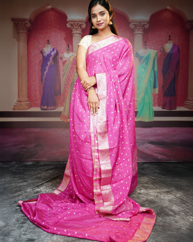 Korean Crepe Saree With Golden Buttis & Border - Pink