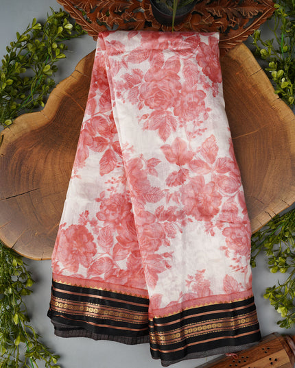 Managalagiri Silk Saree with Floral Print and Contrast Border- Peach