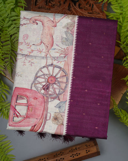 Tussar silk saree with digital print zari border - Wine