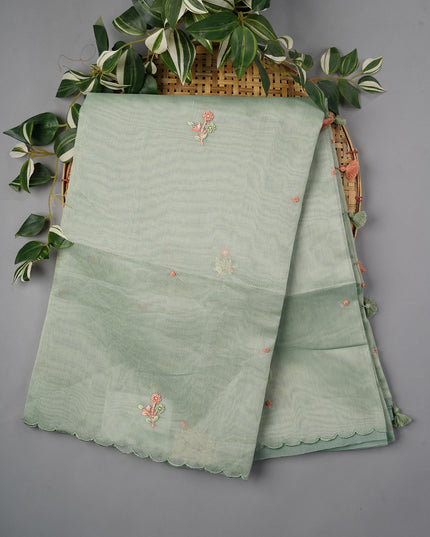 Tissue Linen Saree With Thread Knot Work Butties With Scallop Border - MINT GREEN
