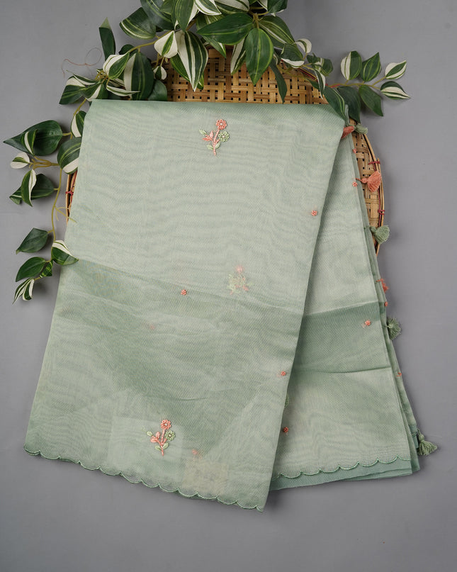 Tissue Linen Saree With Thread Knot Work Butties With Scallop Border - MINT GREEN