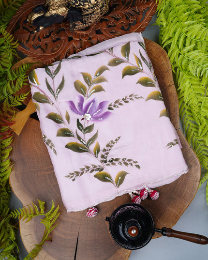 Italian Crape Saree with floral print and Kardana  Pearl Work With Scallop Border - Baby Pink