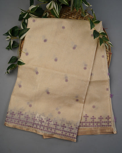 Kota Silk Saree With Thread Embroidery & Butties - Cream with Lavender