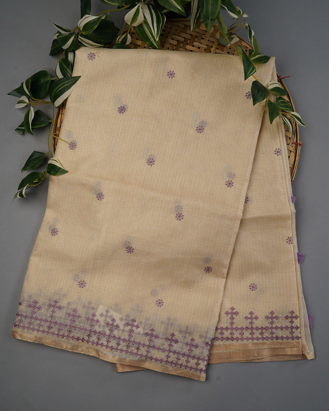 Kota Silk Saree With Thread Embroidery & Butties - Cream with Lavender