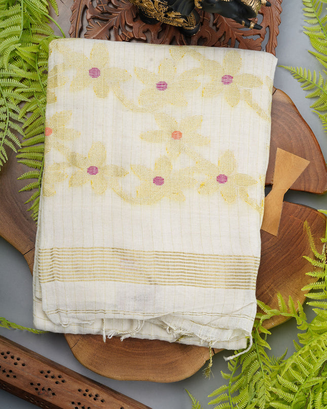 Linen cotton saree with gold butties and zari Broder - White