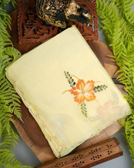 Russian Silk Saree Hand Painting Design With Kardana & Sequence Work Scallop Border With Pearl Work - L Yellow