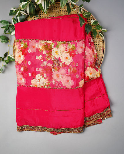 Crepe Saree With Floral Print Scallop Border Kardhana Sequence Work - Pink