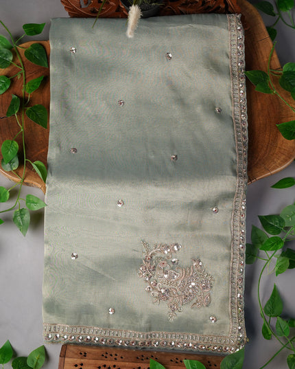 Soft Tissue Organza Saree with Sequence Butties and Scallop Border Zardoji Work- Sea Green