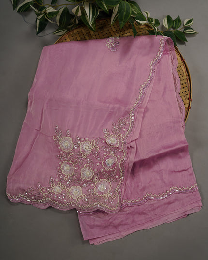 Italian Crape Saree Kardana & Pearl Hand Work With Scallop Border - Pink