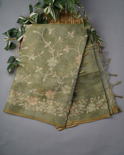 Tissue Linen Saree With Floral Print And Ari Work - Green