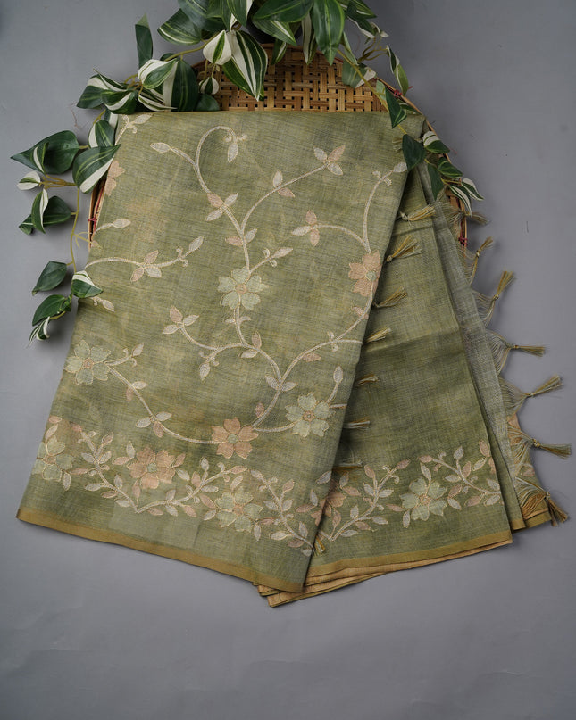 Tissue Linen Saree With Floral Print And Ari Work - Green