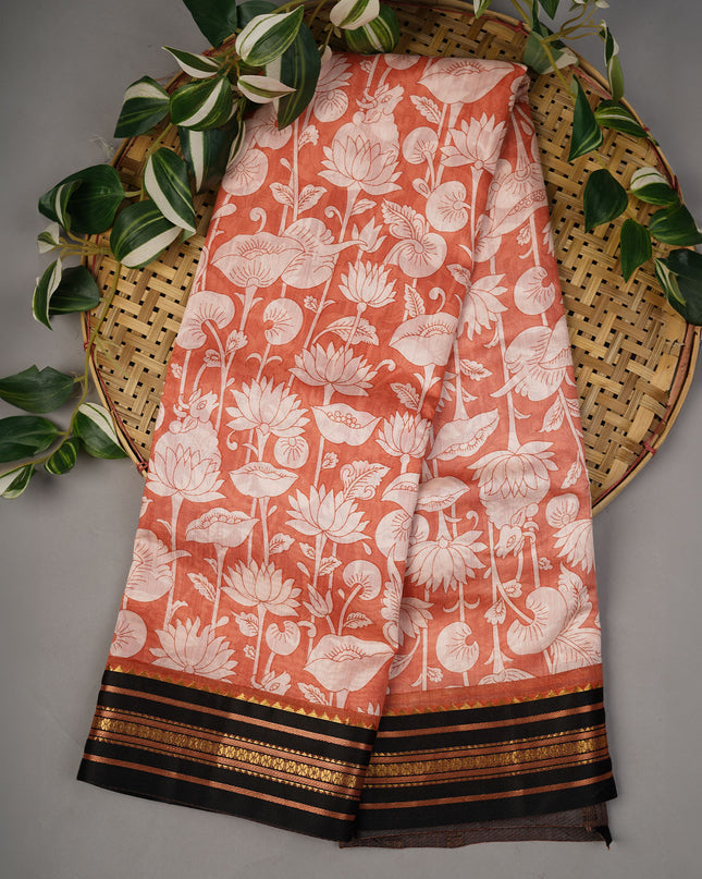 Mangalagiri Silk Digital Print Contrast Border - Peach