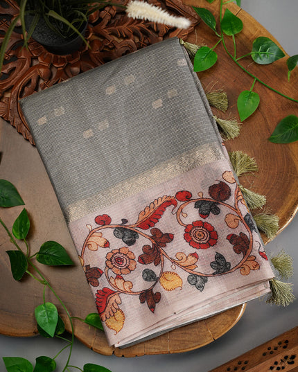 Tissue Kota Saree with Gold Butties and Contrast Floral Print Border- Sage Green