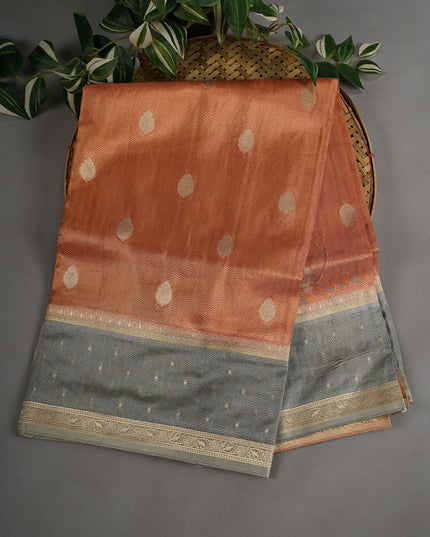 Tissue Banaras Golden Buttis With Contrast Border - Peach