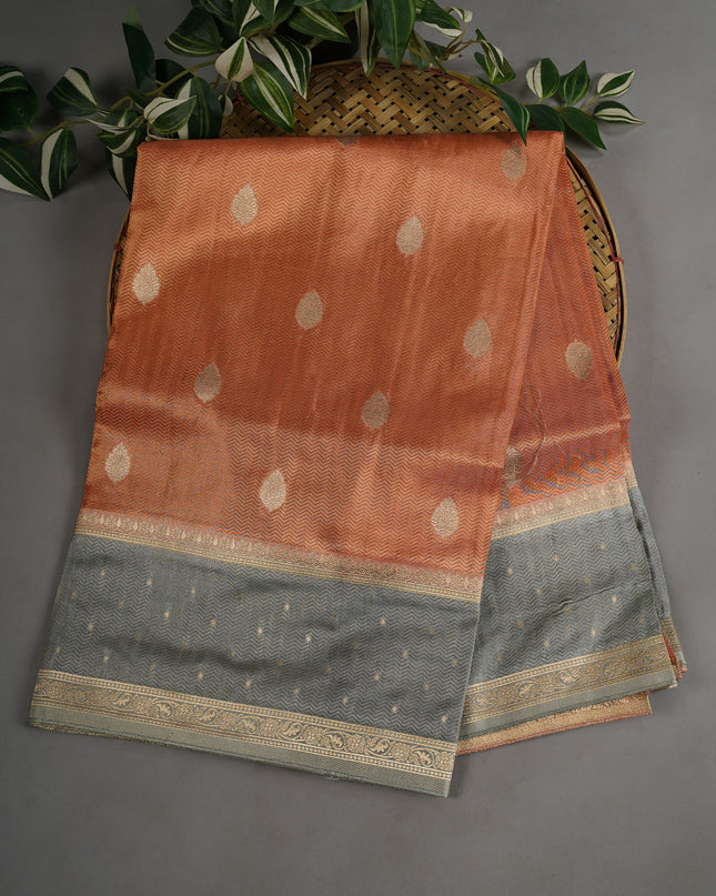 Tissue Banaras Golden Buttis With Contrast Border - Peach