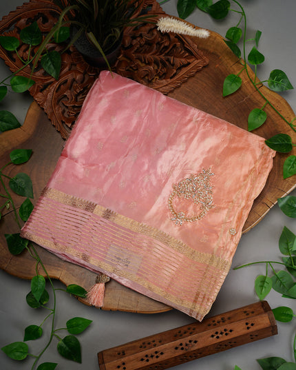 Russian Crepe Kardhana Sequence Work Butties Gold Stripes Border- Baby Pink