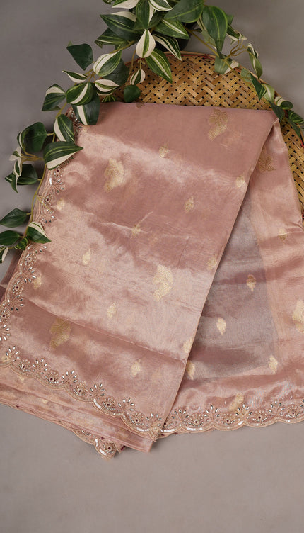 Tissue Organza Banaras Buttis Scallop Border Zardoise Stone Work - Peach