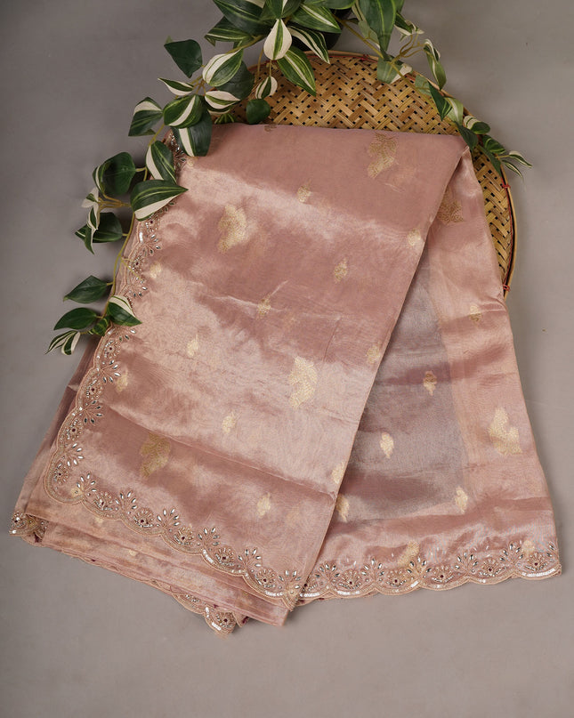 Tissue Organza Banaras Buttis Scallop Border Zardoise Stone Work - Peach