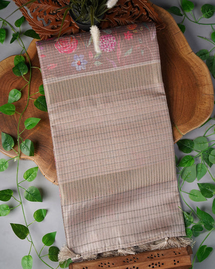 Tusser Silk Saree with Floral Print Contrast Border- Coffee Brown