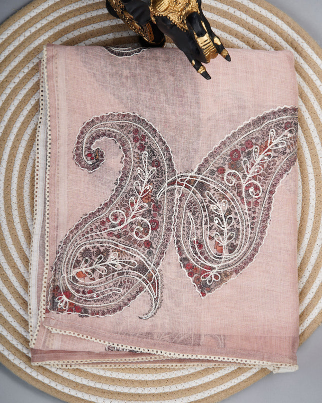 Tissue linen saree with Mango Butties And Dori work With Lace border - Peach