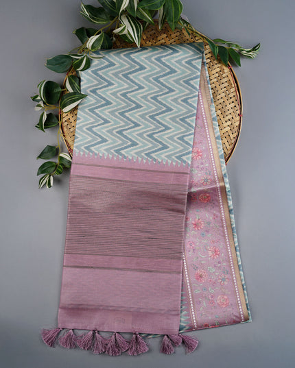 Tusser Silk Saree with Floral Print Border- Sea Green