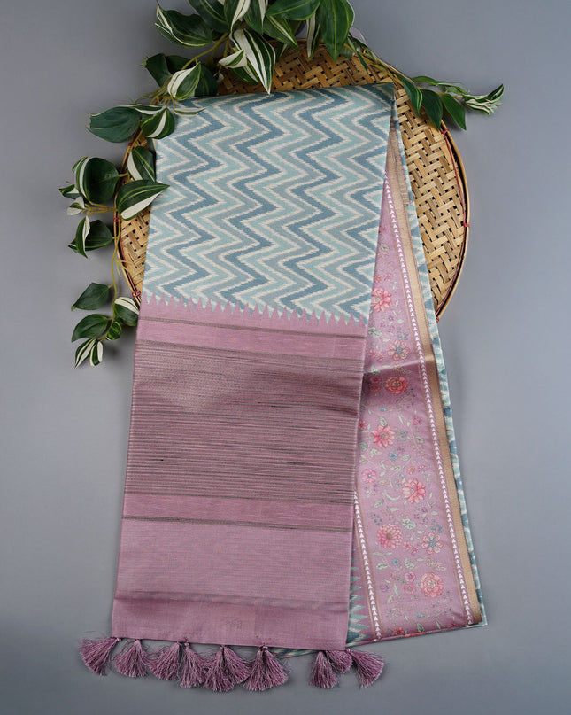 Tusser Silk Saree with Floral Print Border- Sea Green