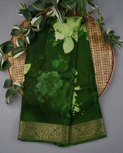 Binny Crepe Floral Print with Golden Zari Border- Green