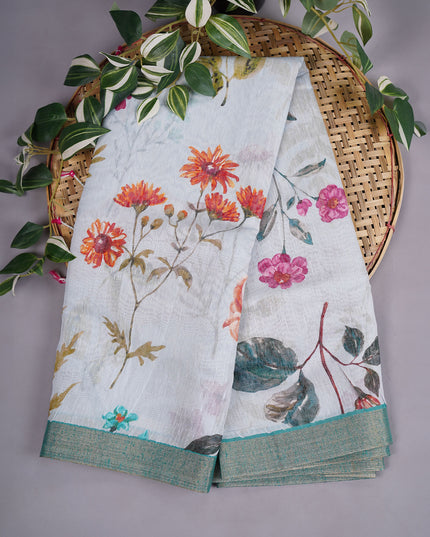 Linen Jute Floral Print With Zari Border - Sky Blue