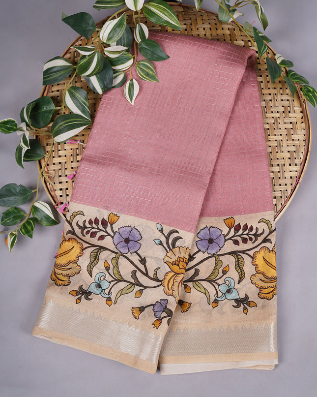 Mangalagiri Silk Silver Zari Weaving Checks Design With Digital Border - Onion Pink
