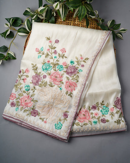 Tissue Georgette With thread Embroidery Work And Border - White