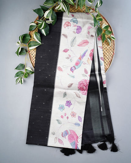 Tusser Silk Saree Floral Print with Contrast Border- Beige and Black