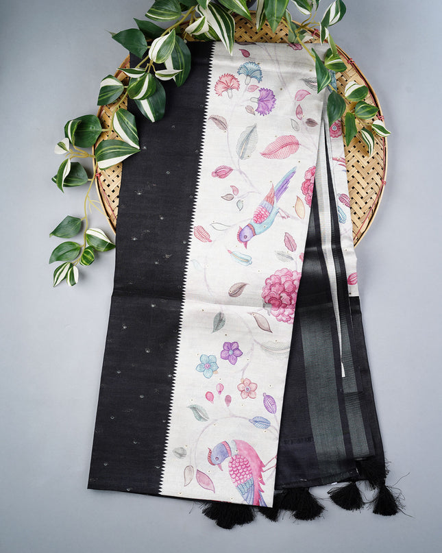 Tusser Silk Saree Floral Print with Contrast Border- Beige and Black