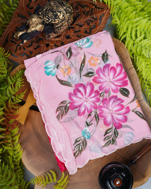 Italian Crape Saree with floral print and Kardana  Pearl Work With Scallop Border - Pink