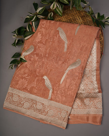 Tissue Banarasi Silk with All Over Self Weaving with Light Gold Zari Border - Peach