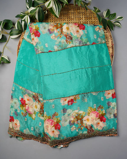Crepe Saree With Floral Print Scallop Border Kardhana Sequence Work - Sea Green