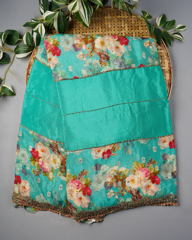 Crepe Saree With Floral Print Scallop Border Kardhana Sequence Work - Sea Green