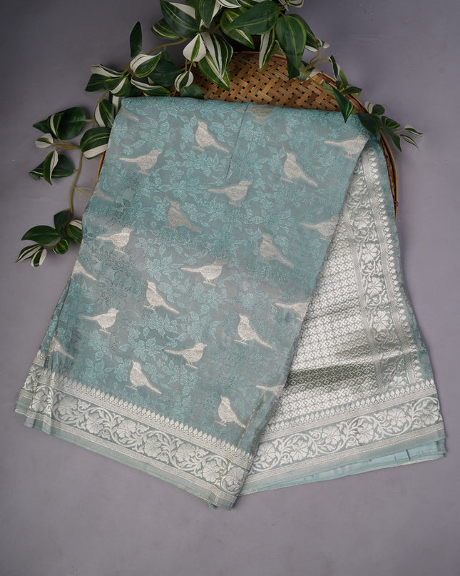 Tissue Banaras Silk Allover Self Weaving With Light Gold Zari Border - Sea Blue