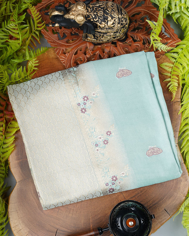 Banaras Silk saree with Meenakari Butties and Golden Zari Border- Sage Green