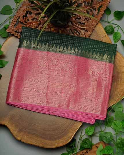 Green Silk Allover Golden Zari Weaving Checks Design with Kanchi Border- Green