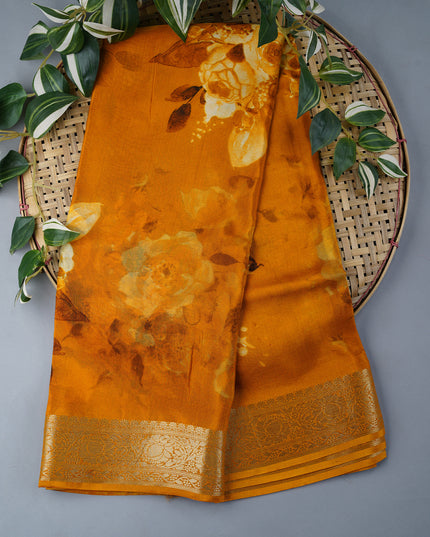 Binny Crepe Floral Print with Golden Zari Border- Mustard Yellow
