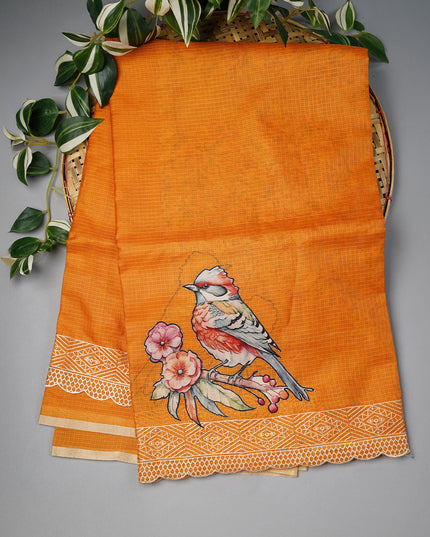 Kota Silk Saree with Applique Work and Scallop Border with Thread Work- Mustered