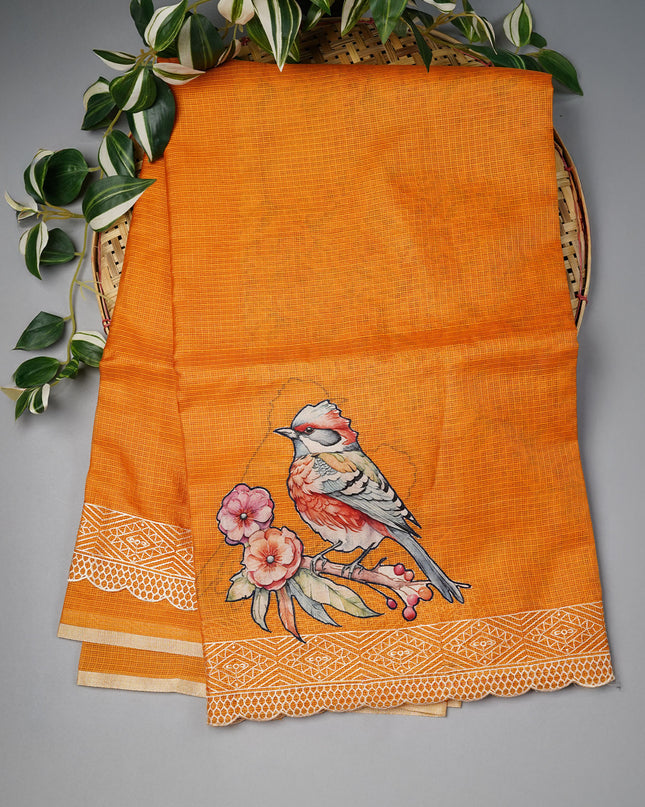 Kota Silk Saree with Applique Work and Scallop Border with Thread Work- Mustered